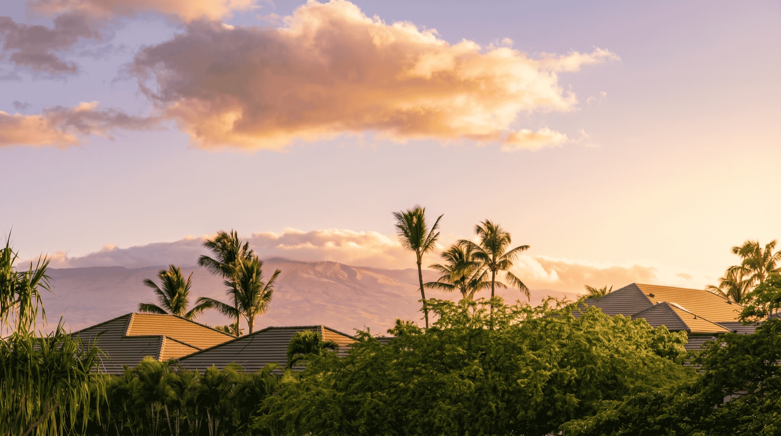 Golden-hour view over a Hawaiian condominium resort — tile rooftops and palm trees with a mountain and warm sky beyond